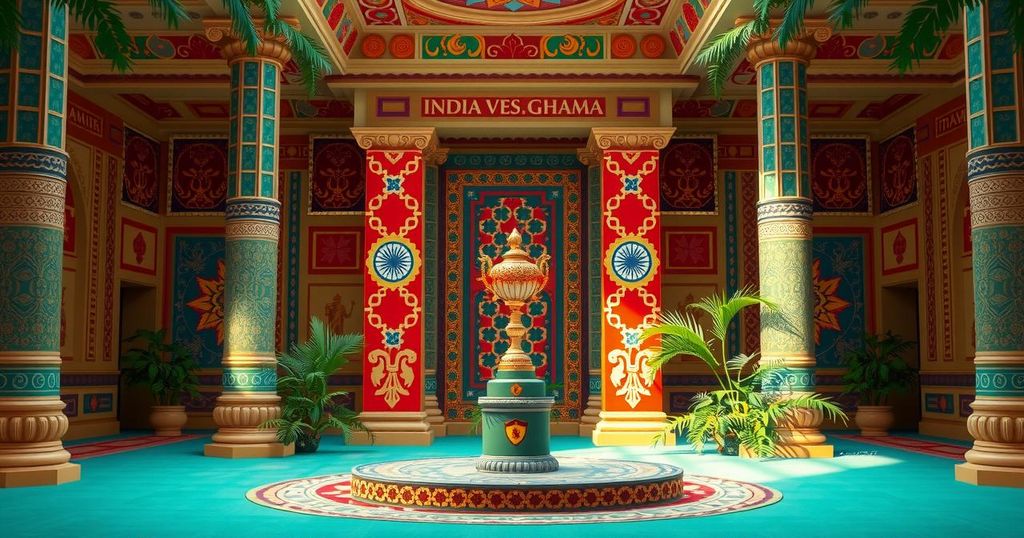 A celebratory scene depicting a ceremonial award presentation with national symbols of India and Ghana, rich colors, vibrant motifs.