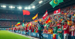 A vibrant stadium filled with fans displaying flags, cheering passionately for teams in a spirited football match atmosphere.