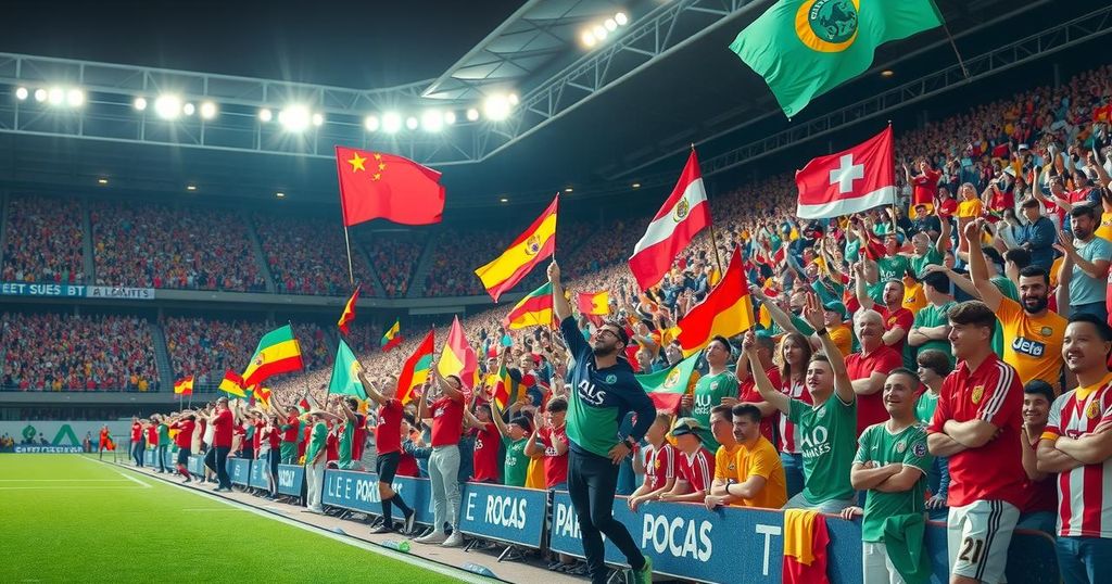 A vibrant stadium filled with fans displaying flags, cheering passionately for teams in a spirited football match atmosphere.