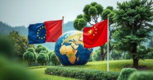 Two flags representing EU and China alongside a globe and greenery symbolizing climate action discussions.