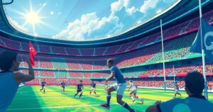 A vibrant rugby stadium filled with cheering fans and teams competing in a sevens rugby match under colorful banners.