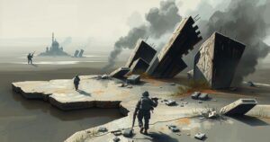 Artistic illustration of a turbulent landscape in Syria with abstract military symbolism in muted colors.