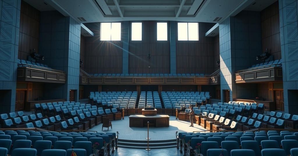 A legislative assembly with a focus on court-ordered debt, highlighting democratic processes in a structured environment.