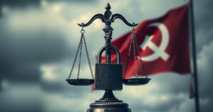 A symbolic representation of judicial scales and a locked padlock, against a backdrop of a blurred flag, in dark colors.