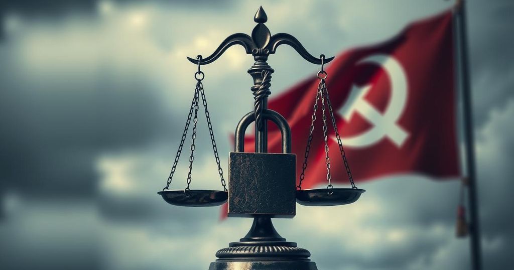 A symbolic representation of judicial scales and a locked padlock, against a backdrop of a blurred flag, in dark colors.