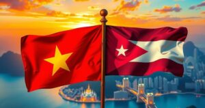 Vietnamese and Cuban flags intertwined with a backdrop of Rio de Janeiro, symbolizing friendship and collaboration.