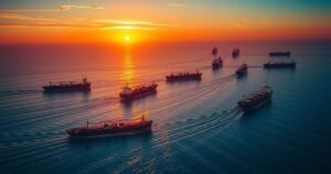 Aerial view of the Strait of Hormuz with oil tankers and a sunset sky, depicting economic tension in the Middle East.