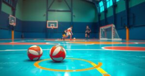 A handball court with colored lines and balls, showcasing a spirited match atmosphere during a league game.