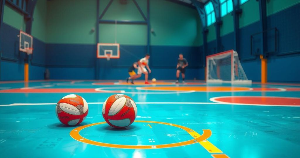 A handball court with colored lines and balls, showcasing a spirited match atmosphere during a league game.