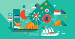 Southeast Asia economic cooperation meeting in vibrant colors with abstract symbols representing trade and diplomacy.