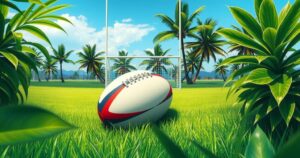 A rugby ball on a green grass field with goalposts, surrounded by tropical plants under a clear blue sky.
