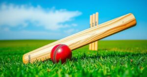 An illustration of a cricket field with a bat and ball, showcasing India's victory and sport triumph.