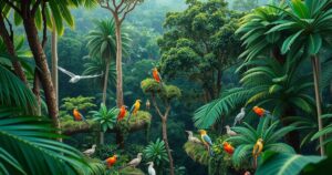 A vibrant scene showing a lush Amazon rainforest with wildlife and trees, representing environmental protection efforts.
