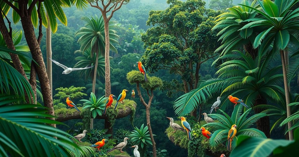 A vibrant scene showing a lush Amazon rainforest with wildlife and trees, representing environmental protection efforts.