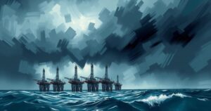 A dramatic scene depicting a stormy sky over oil rigs in a turbulent sea, symbolizing conflict and tension.