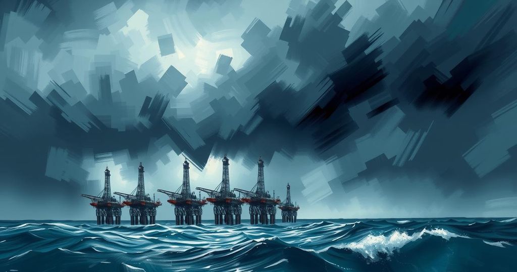A dramatic scene depicting a stormy sky over oil rigs in a turbulent sea, symbolizing conflict and tension.
