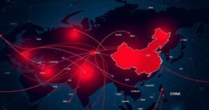 A dark strategic map highlighting Russia and China connections, with red and blue color scheme, portraying tension.