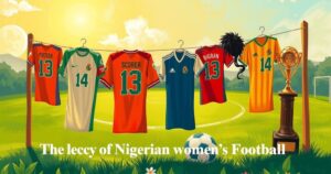 A dynamic soccer scene showcasing Nigerian women's football legacy with colorful kits and trophies representing top scorers.