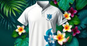 A white rugby jersey symbolizing national pride, with a vibrant backdrop of Fijian colors celebrating unity.