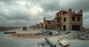 A somber landscape of a deserted Gaza, grey clouds looming overhead, depicting the aftermath of conflict and displacement.