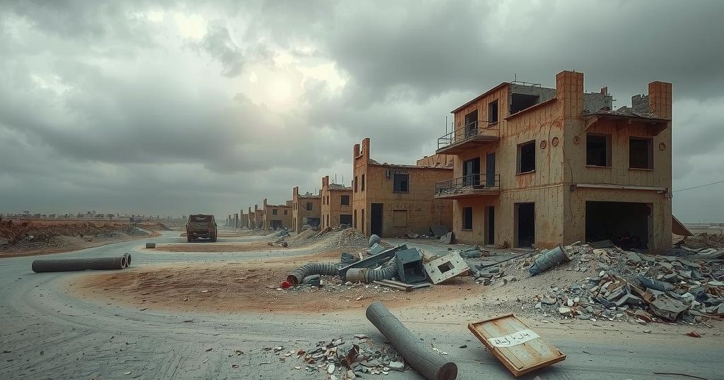 A somber landscape of a deserted Gaza, grey clouds looming overhead, depicting the aftermath of conflict and displacement.