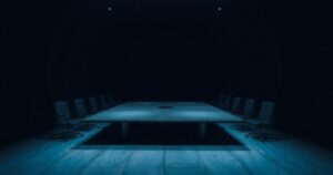 Artistic representation of a tense political meeting with dark colors and abstract figures symbolizing conspiracy.