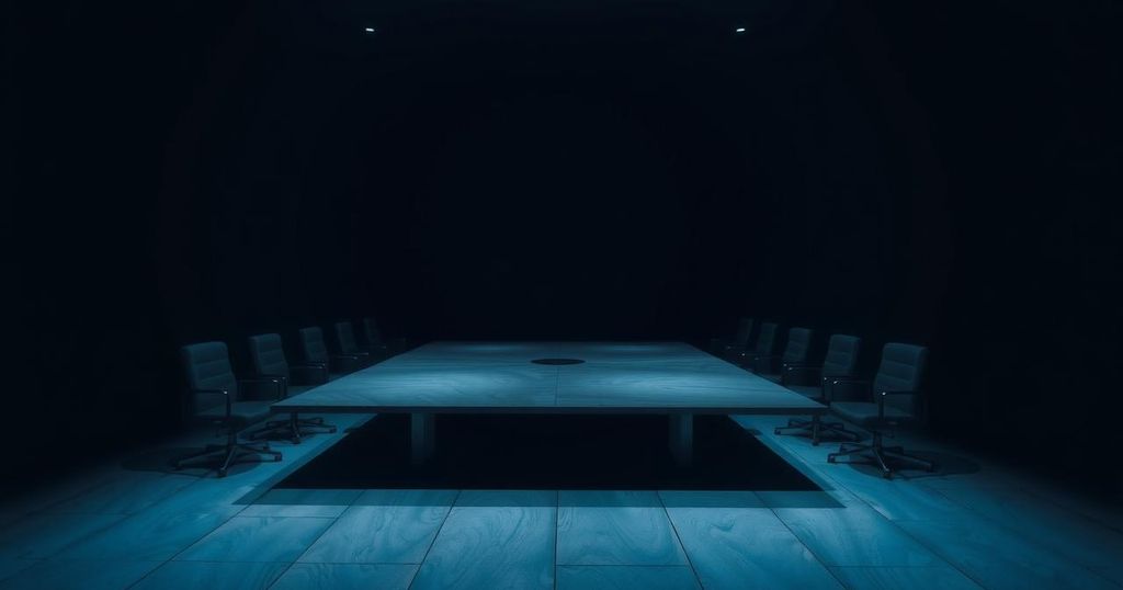 Artistic representation of a tense political meeting with dark colors and abstract figures symbolizing conspiracy.