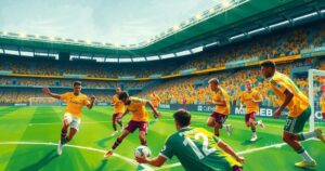 A vibrant stadium scene showcasing a soccer match, with dynamic action and colorful team jerseys.