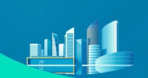 Financial institution landscape with a modern skyline and abstract architectural elements in blue and green hues.