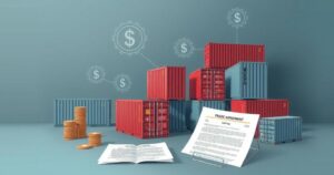 A symbolic representation of global trade negotiations, featuring flags, currency symbols, and shipping containers in muted tones.