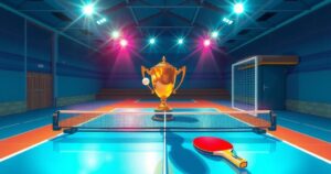 A vibrant scene of a table tennis match with a trophy, showcasing victory and teamwork.