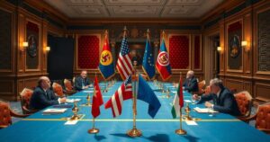 A formal meeting setting with flags and symbolic elements representing international cooperation and investment empowerment.