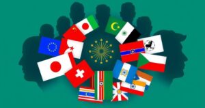 Symbolic representation of geopolitical shifts with flags of BRICS nations and shadows of leaders.