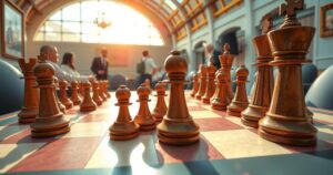 Chess pieces in a competitive tournament setting at Pegasus Suites, bright colors, lively atmosphere, modern style.
