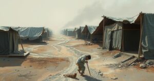Somber landscape depicting barren shelters and empty streets symbolizing homelessness and unemployment challenges.