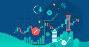 A digital representation of Asian financial markets with candlestick charts and trade icons in a mix of blues and greens.