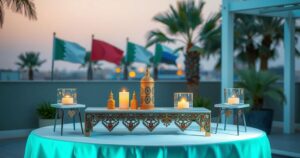 Peace agreement signing ceremony in Doha with flags and logos, representing unity and cooperation.