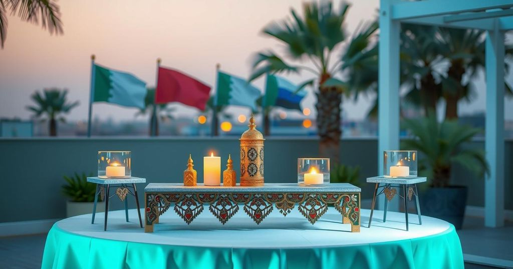 Peace agreement signing ceremony in Doha with flags and logos, representing unity and cooperation.