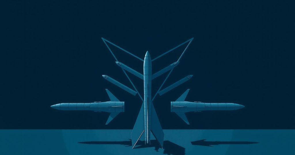 Abstract representation of nuclear deterrence and geopolitical tension with dark colors and geometric shapes.