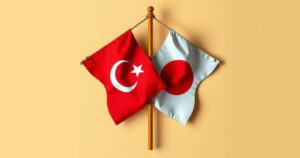 Two flags intertwining, symbolizing diplomacy, against a backdrop of soft earth tones, representing peace efforts.