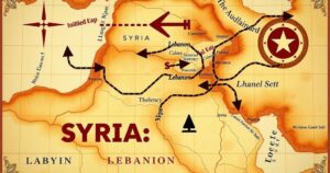 A map of the Middle East highlighting Syria and Lebanon with arrows indicating political changes.