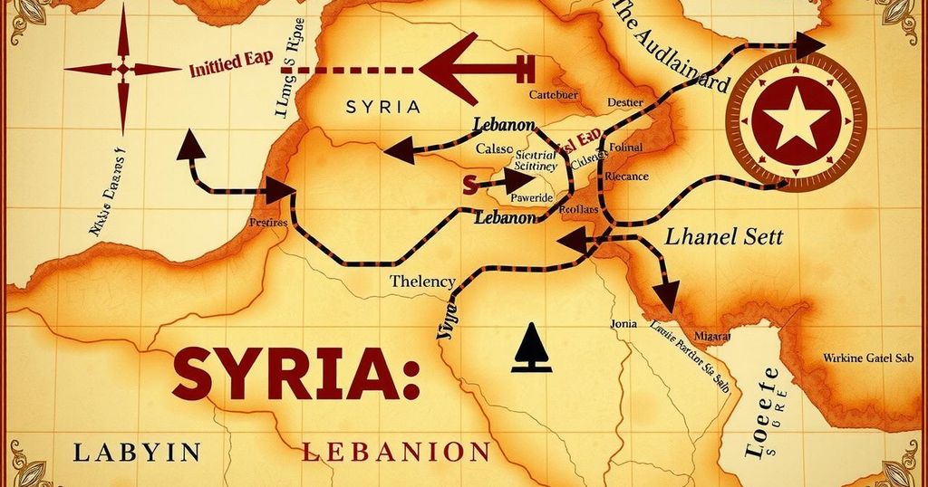 A map of the Middle East highlighting Syria and Lebanon with arrows indicating political changes.