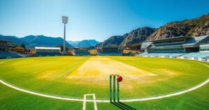 New Zealand's cricket field under clear blue sky, surrounded by lush green grass and a cricket pitch ready for a match.