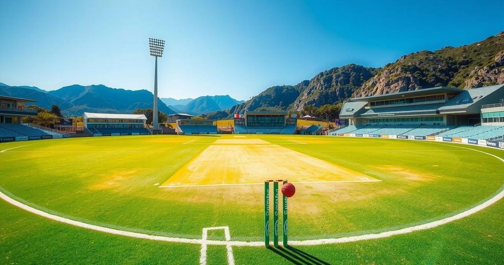 New Zealand's cricket field under clear blue sky, surrounded by lush green grass and a cricket pitch ready for a match.