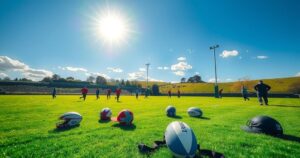Fiji rugby team in training with a lush green field background and vibrant blue sky, showcasing team spirit and strength.