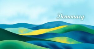 A serene landscape with soft hues of blue and green, symbolizing peace and democracy post-elections.