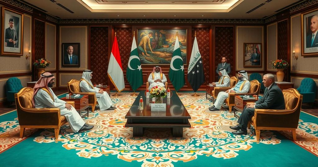 A welcoming diplomatic scene, featuring flags of UAE and Pakistan, discussing visa processing and cooperation.