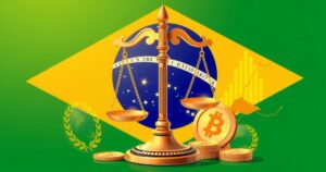 Representation of a judicial decision in Brazil, showcasing scales of justice and financial symbols in vibrant colors.