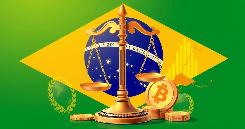 Representation of a judicial decision in Brazil, showcasing scales of justice and financial symbols in vibrant colors.