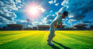 A cricket field under bright sunlight, showcasing vivid green grass and a clear blue sky, depicting sportsmanship.